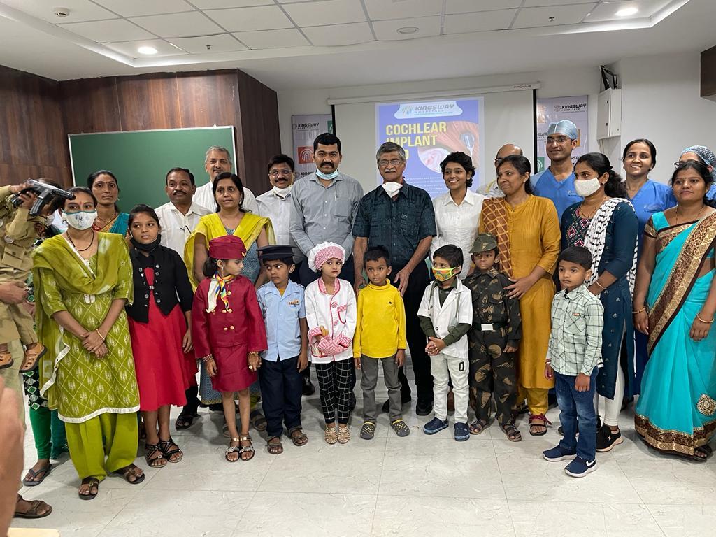 Dr Kirtane with cochlear implant recipients at Kingsway Hospital, Nagpur (25th March 2022)