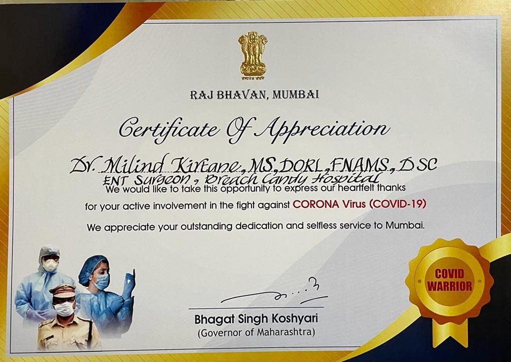 Certificate of appreciation received by Dr Kirtane from the Governer of Maharashtra Shri Koshiyari for medical services in the Covid19 Pandemic (10 October 2021)